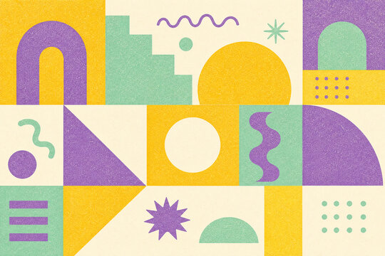 Geometric artistic pattern with retro inspired shapes and textured grain colorful layout.
