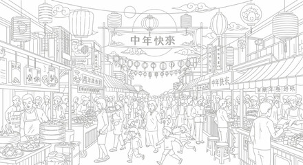 Fototapeta premium Vibrant street festival with people, food stalls, lanterns, and shops in a lively city market at night