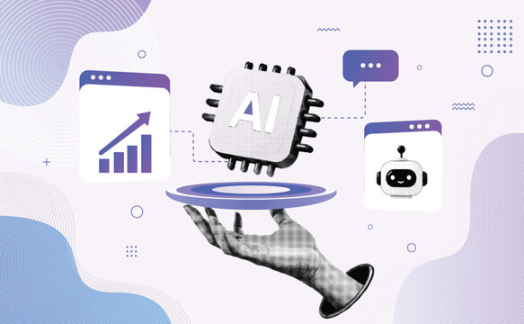 Halftone Pop Art Collage with AI Chip, Robot Interface, Analytics Dashboard and Human Hand. Artificial Intelligence, Machine Learning, Business Automation and Smart Technology Concept. Retro Vintage S