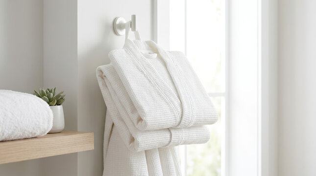 White waffle weave bathrobe hanging on a wall hook in a bright bathroom. Spa style home interior with rolled towel and succulent on a wooden shelf