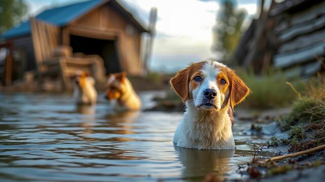 Stray dogs standing in deep water near flooded house after severe natural disaster storm