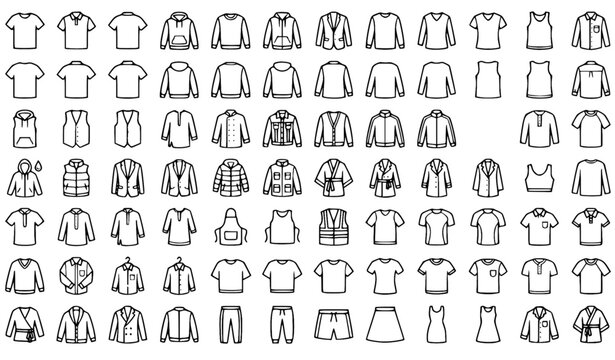 Editable 49 Shirt and Clothing Icons Flat Black Outline Vector Set with T Shirt Hoodie Kurta and Panjabi Collection