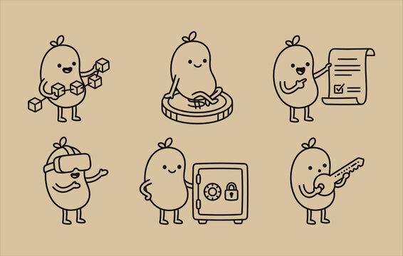 Cute outline art of a bean character holding a blockchain cube network and sitting on a giant crypto coin