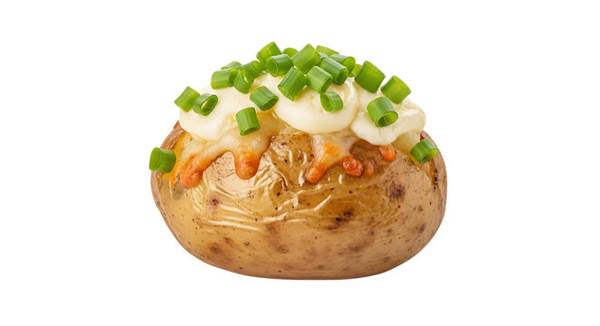 Loaded baked potato with cheese chives and sauce on transparent background food cuisine meal dish snack
