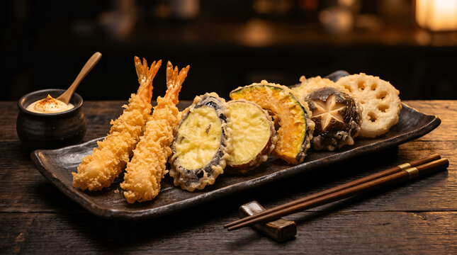 Crispy vegetable and ebi tempura with mayonnaise on a long black plate and chopsticks