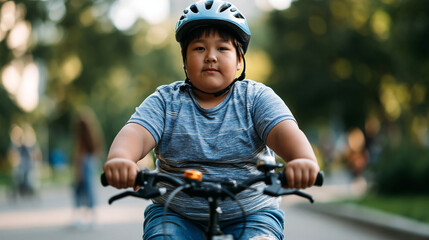 Naklejka premium Overweight child riding a bicycle in a park, enjoying outdoor exercise, active recreation, healthy lifestyle habits, childhood development, fitness, and physical activity
