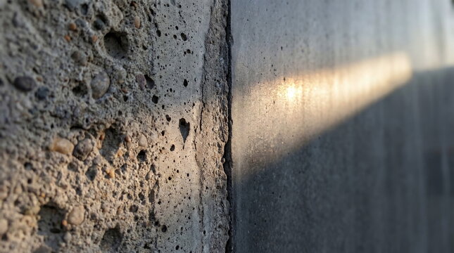 Close up of a vertical joint contrasting rough exposed aggregate concrete with a smooth wall surface, illuminated by a warm ray of golden sunlight
