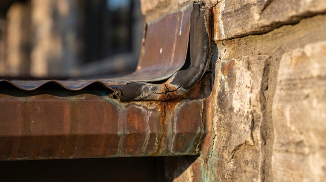 Close up of a weathered drip edge and flashing sealed with thick, cracked black caulking against a rough stone masonry wall