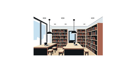Modern library interior with bookshelves and laptop tables © Kurniawan