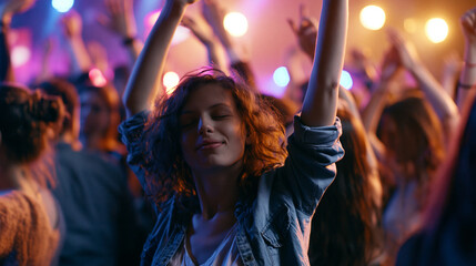Obraz premium Young woman dancing with raised hands at a lively nightlife event, enjoying music, entertainment, celebration, social connection, and an energetic party atmosphere