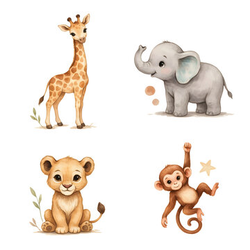 Giraffe, elephant, lion, and monkey are showcased as stylized watercolor drawings that feature soft textures and charming expressions.