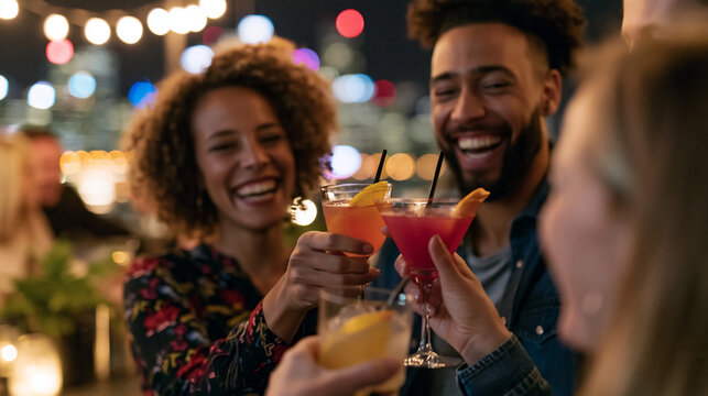Happy friends enjoying cocktails and conversation during a lively night out, showcasing nightlife, socializing, friendship, celebration, entertainment, and memorable moments together