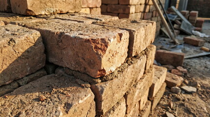 Fototapeta premium Stack of old red clay bricks with mortar at a construction site