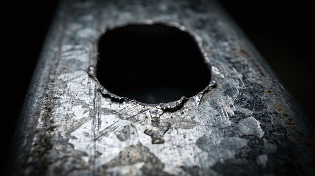 Macro close up of a punched hole with rough burred edges in a textured galvanized steel profile