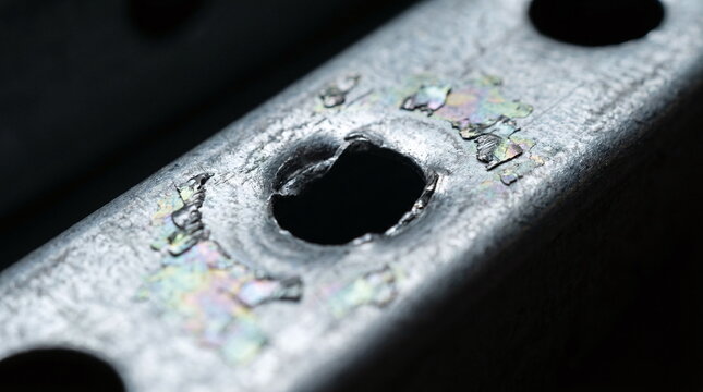 Macro close up of galvanized steel profile showing iridescence and flaking around a punched bolt hole
