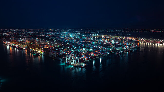 Industrial Container Shipping Terminal Illuminated At Night In Laem Chabang Chon Buri Thailand
