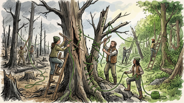 People working together to save trees in forest with ropes