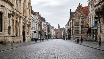 Fototapeta premium Empty cobblestone street in European old town with historic buildings.