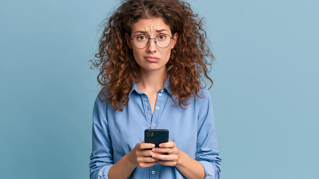 Confused woman looking at her smartphone with a puzzled expression, reacting to an unexpected message, problem, mistake, uncertainty, or difficult decision in digital communication