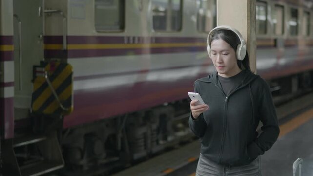Traveler using a smartphone at a train station, ideal for travel app, online ticket, navigation, railway journey, tourism, public transport and trip planning concepts