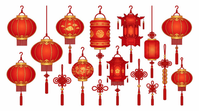 Red chinese lanterns with tassels vector illustration on white background