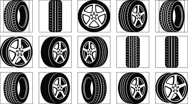 Automotive car wheel icons bundle showcasing rubber tires tread patterns alloy rims angles and side perspective profile projections