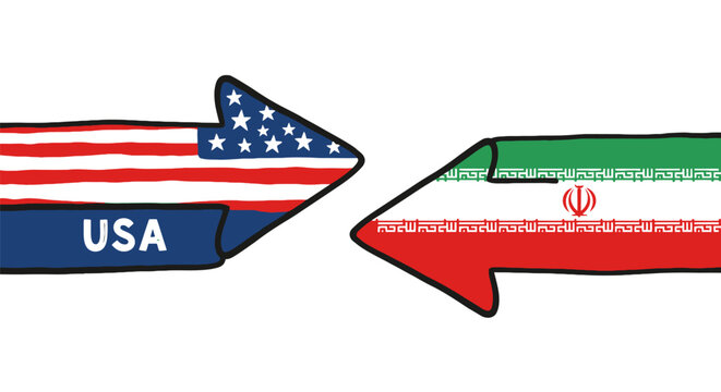 Arrows with american and iranian flags facing each other