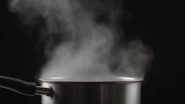 white smoke arsing from a pan on dark background