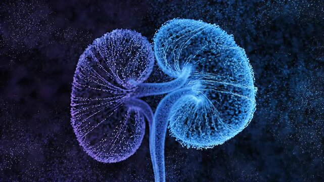 Dynamic 3d render of a colorful kidney vessels in motion.
