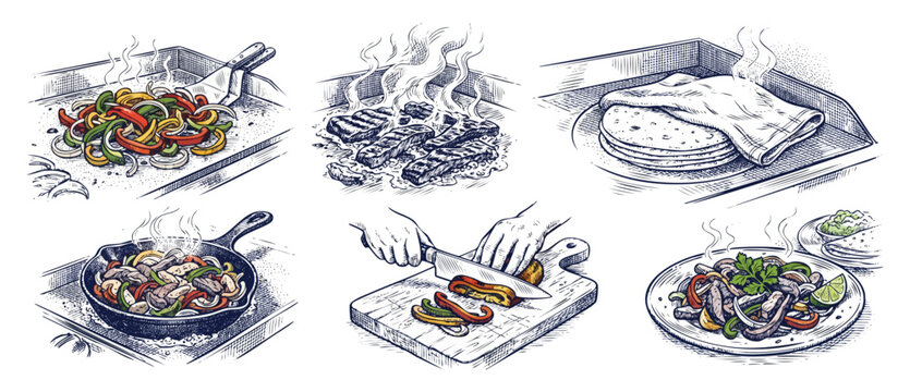 Fajitas cooking steps sketch illustration showing preparation of Mexican food with beef steak grilled vegetables in skillet and cutting board hand drawn engraving style design elements isolated on whi