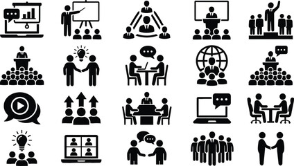 Obraz premium Corporate business training and online presentation icon set featuring meeting conference teamwork and seminar elements vector