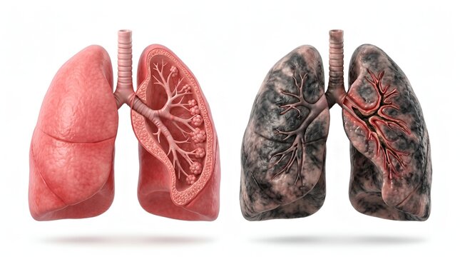 Anatomy comparison showing healthy and diseased smoker lungs with respiratory damage
