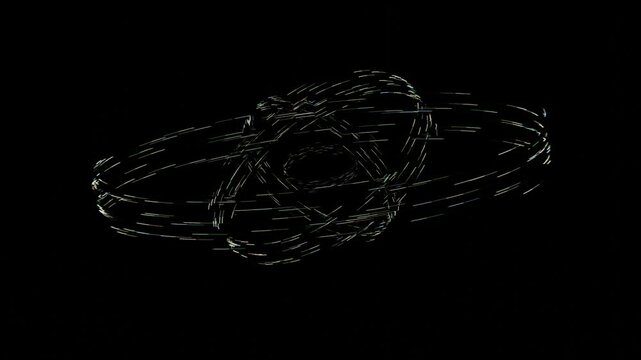Intersecting orbital rings spinning on multiple axes in a glowing neon particle style on a black background, perfect for sci-fi tech presentation background loop assets.
