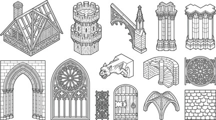 Naklejka premium Gothic architecture and medieval construction elements collection featuring arches columns towers and ornamental stonework