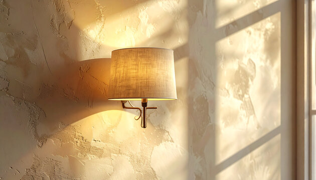 Elegant wall lamp illuminating textured surface with window shadows