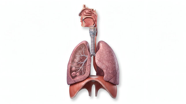 Human Respiratory System Anatomy 3D Illustration Showing Lungs Trachea Bronchi and Diaphragm Isolated on White