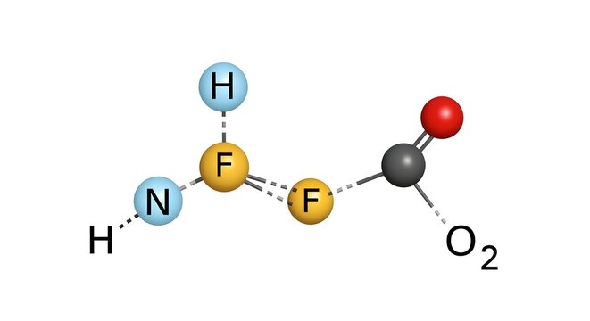 Molecular structure of a chemical compound with hydrogen, fluorine, nitrogen, and oxygen atoms