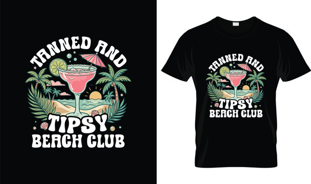 Tanned and Tipsy Beach Club Summer T-Shirt Design with Tropical Cocktail, Palm Trees, Sunset Beach and Fun Vacation Typography Graphic for Summer Party Lovers