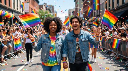 Obraz premium Happy Couple Walking at Pride Parade