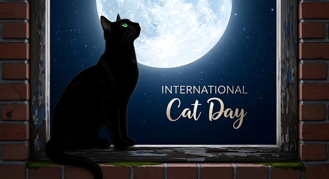 Black cat sitting on a window sill looking at the full moon