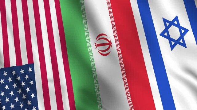 Diagonally aligned flags of Iran, the United States, and Israel in a realistic seamless wave animation.