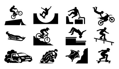 Naklejka premium Urban and Motor Extreme Sport Silhouette Icon Set