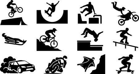 Naklejka premium Urban and Motor Extreme Sport Silhouette Icon Set