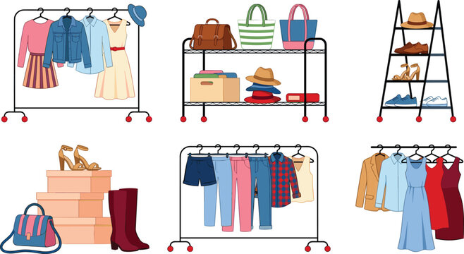 Fashion apparel collection on clothing racks storage shelves with shoes handbags and dresses for wardrobe boutique display