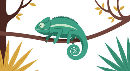 Green chameleon sitting on a jungle tree branch © cintya