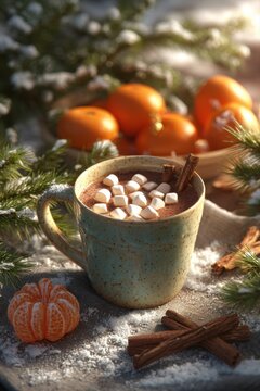 Hot chocolate drink with marshmallows, cinnamon, star anise