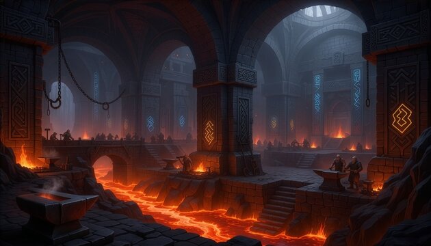 Interior view of a dark, cavernous dwarven forge city, lit only by rivers of flowing lava and glowing runes on the walls. Dwarves working in the distance, massive stone architecture, moody dramatic li