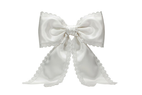 Large white satin bow with long hanging tails and scalloped lace trim edges isolated on a white background, for festive decoration use