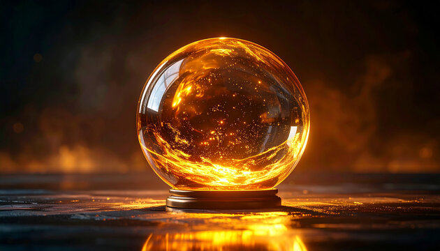 Glowing crystal ball on a dark surface golden light and ethereal elements