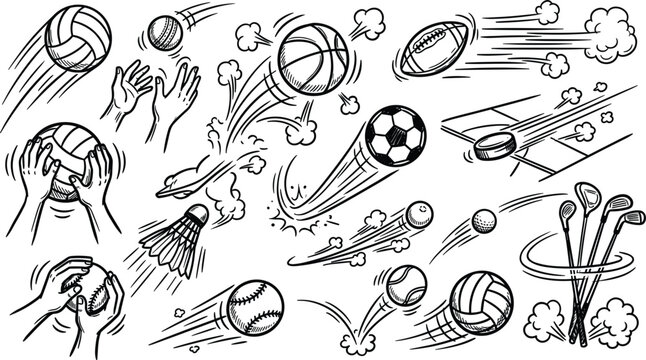 Hand drawn sports balls and equipment doodle set with motion trails speed effects comic smoke clouds and player hands